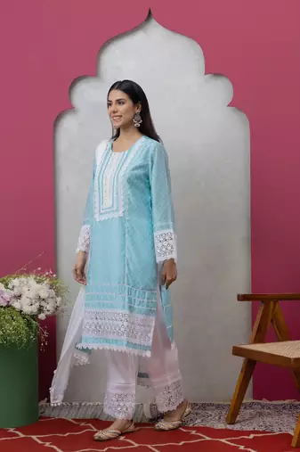 Smer sky blue women's mandira neck 3/4th sleeves poly chanderi straight kurta with cotton trousers set