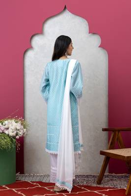 Smer sky blue women's mandira neck 3/4th sleeves poly chanderi straight kurta with cotton trousers set 4