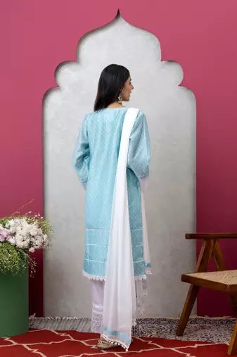 Smer sky blue women's mandira neck 3/4th sleeves poly chanderi straight kurta with cotton trousers set