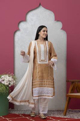 Smer brown women's mandira neck 3/4th sleeves poly chanderi straight kurta with cotton trousers set 3