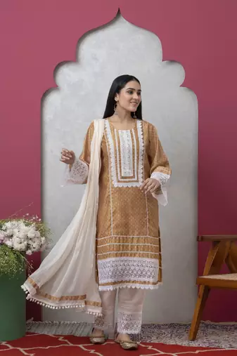 Smer brown women's mandira neck 3/4th sleeves poly chanderi straight kurta with cotton trousers set