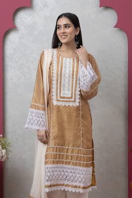 Smer brown women's mandira neck 3/4th sleeves poly chanderi straight kurta with cotton trousers set 1