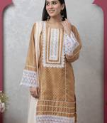 Smer brown women's mandira neck 3/4th sleeves poly chanderi straight kurta with cotton trousers set