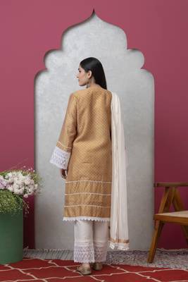 Smer brown women's mandira neck 3/4th sleeves poly chanderi straight kurta with cotton trousers set 4
