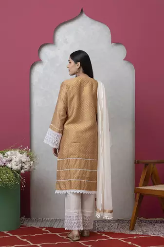 Smer brown women's mandira neck 3/4th sleeves poly chanderi straight kurta with cotton trousers set