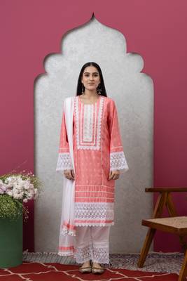 Smer peach women's mandira neck 3/4th sleeves poly chanderi straight kurta with cotton trousers set 1