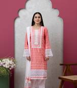 Smer peach women's mandira neck 3/4th sleeves poly chanderi straight kurta with cotton trousers set