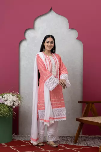 Smer peach women's mandira neck 3/4th sleeves poly chanderi straight kurta with cotton trousers set