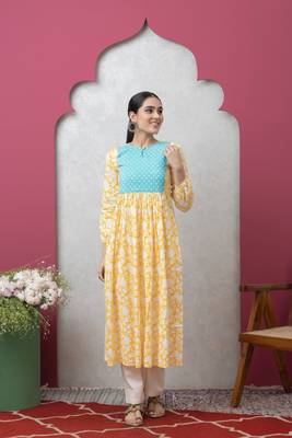 Smer women's yellow & blue cotton printed full sleeves round neck a-line kurta 1