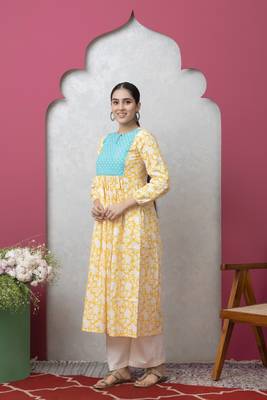 Smer women's yellow & blue cotton printed full sleeves round neck a-line kurta 2