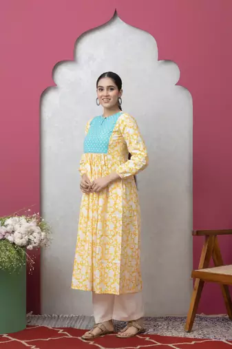Smer women's yellow & blue cotton printed full sleeves round neck a-line kurta
