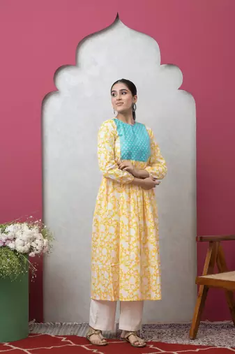 Smer women's yellow & blue cotton printed full sleeves round neck a-line kurta