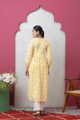 Smer women's yellow & blue cotton printed full sleeves round neck a-line kurta 4
