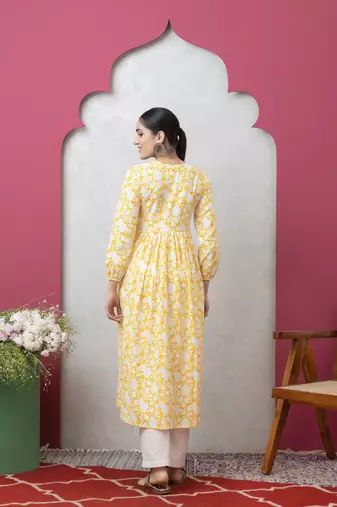 Smer women's yellow & blue cotton printed full sleeves round neck a-line kurta