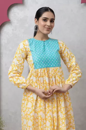 Smer women's yellow & blue cotton printed full sleeves round neck a-line kurta