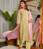 Pear green v-neck cotton printed suit set (set of 3)