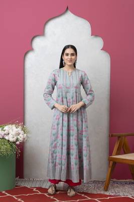 Smer women's cotton printed round neck full sleeves anarkali kurta 1