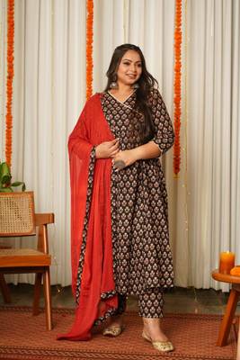 Black block print cotton angrakha suit set 1