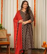 Black block print cotton angrakha suit set