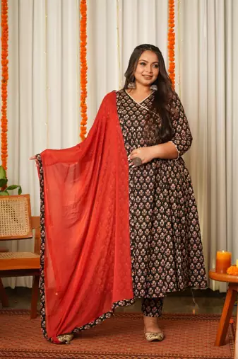 Black block print cotton angrakha suit set