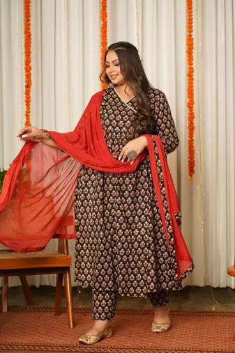 Black block print cotton angrakha suit set