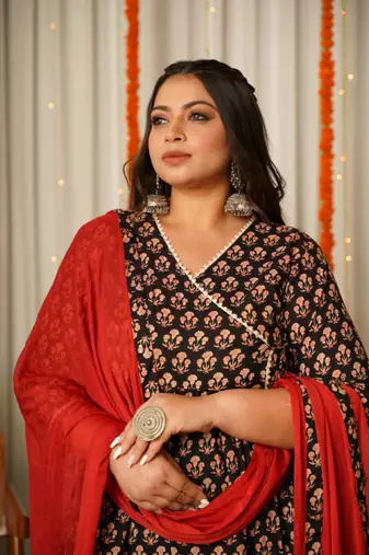 Black block print cotton angrakha suit set