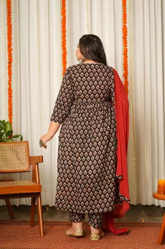 Black block print cotton angrakha suit set