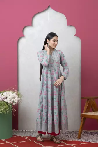 Smer women's cotton printed round neck full sleeves anarkali kurta