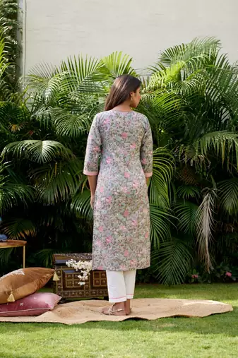 Pink grey floral v- neck cotton kurta pant set