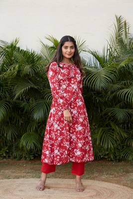 Red cotton floral print a line kurta set - (set of 2) 1