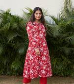 Red cotton floral print a line kurta set - (set of 2)