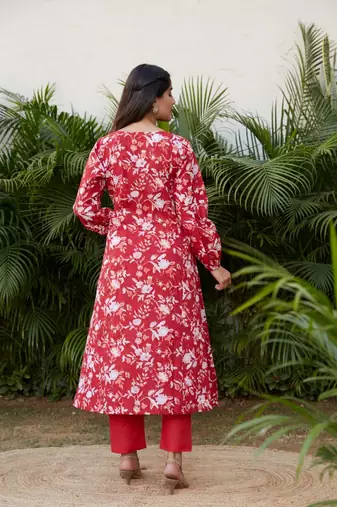 Red cotton floral print a line kurta set - (set of 2)
