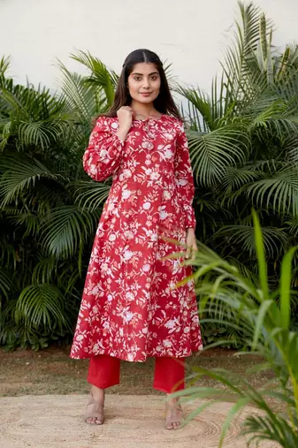 Red cotton floral print a line kurta set - (set of 2)