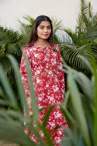 Red cotton floral print a line kurta set - (set of 2)
