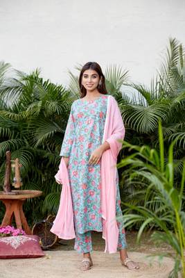 Cotton blue pink floral printed kurta set 1