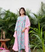 Cotton blue pink floral printed kurta set