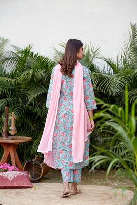 Cotton blue pink floral printed kurta set 3