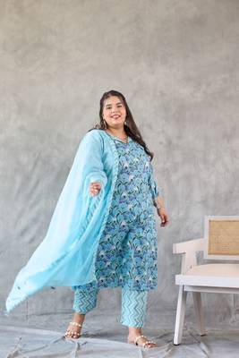 Blue floral printed kurta set - (set of 3) 1