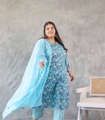 Blue floral printed kurta set - (set of 3)