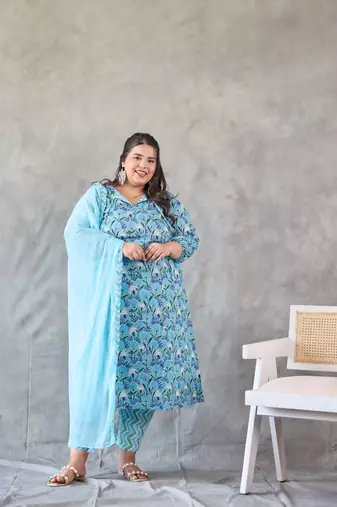 Blue floral printed kurta set - (set of 3)