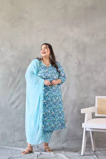 Blue floral printed kurta set - (set of 3)