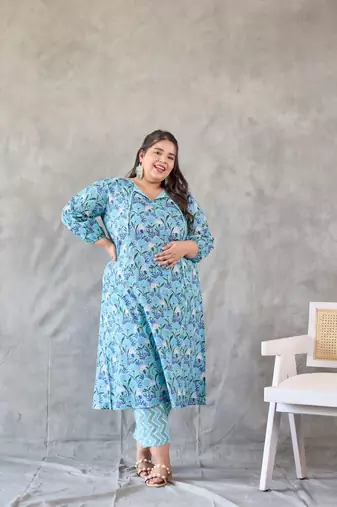 Blue floral printed kurta set - (set of 3)