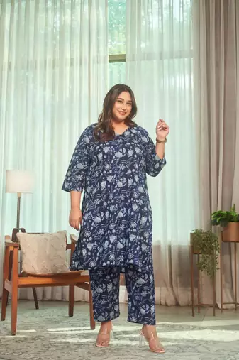 Navy blue floral kurta co-ord set