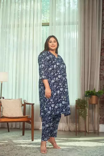 Navy blue floral kurta co-ord set