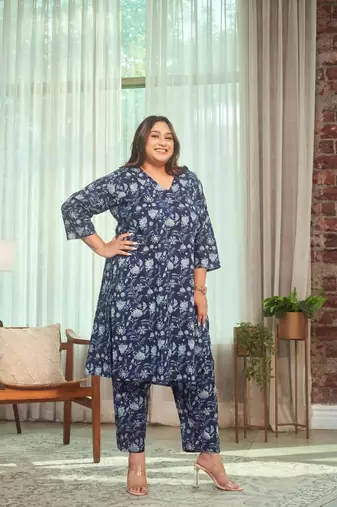 Navy blue floral kurta co-ord set
