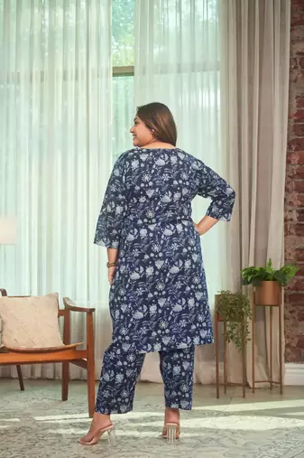 Navy blue floral kurta co-ord set