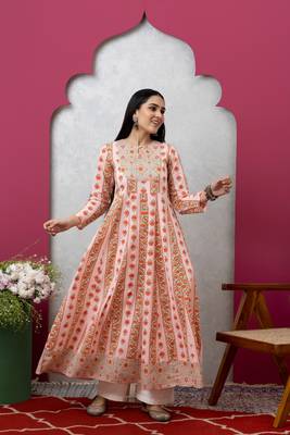 Smer women's cotton printed round neck full sleeves anarkali kurta 2