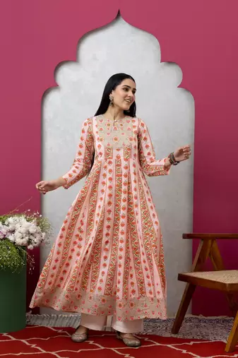 Smer women's cotton printed round neck full sleeves anarkali kurta