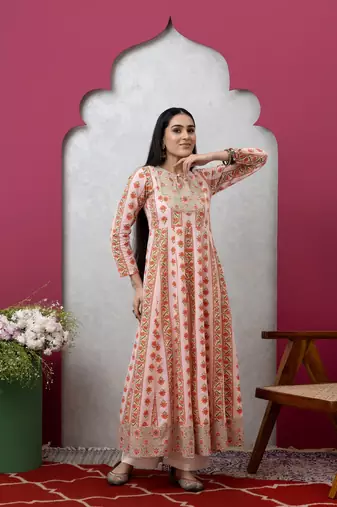 Smer women's cotton printed round neck full sleeves anarkali kurta