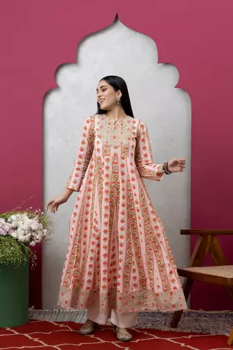 Smer women's cotton printed round neck full sleeves anarkali kurta